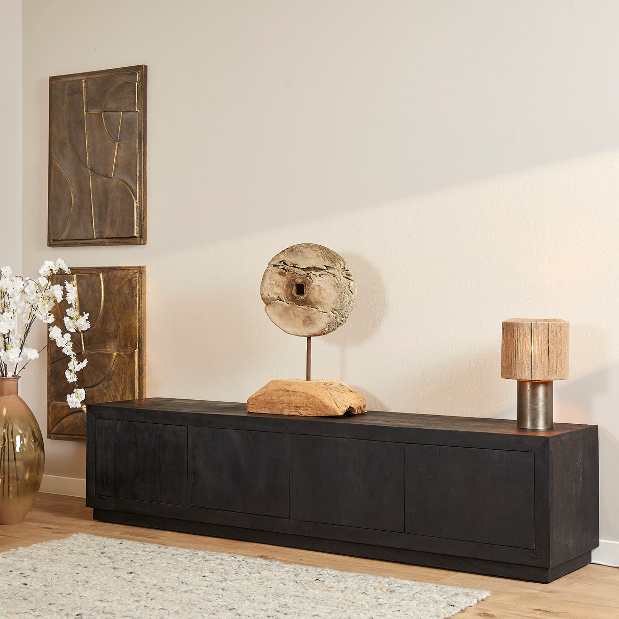 Tv-meubel - Zwart - Mangohout - 200 cm - 4 Deuren - Push-to-open