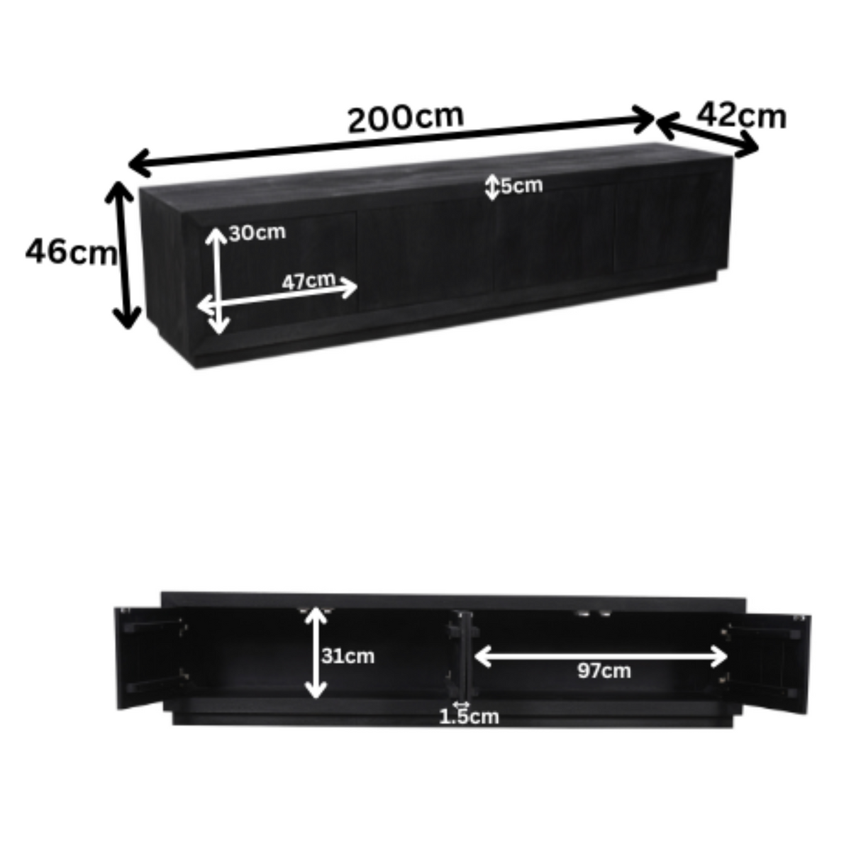 Tv-meubel - Zwart - Mangohout - 200 cm - 4 Deuren - Push-to-open