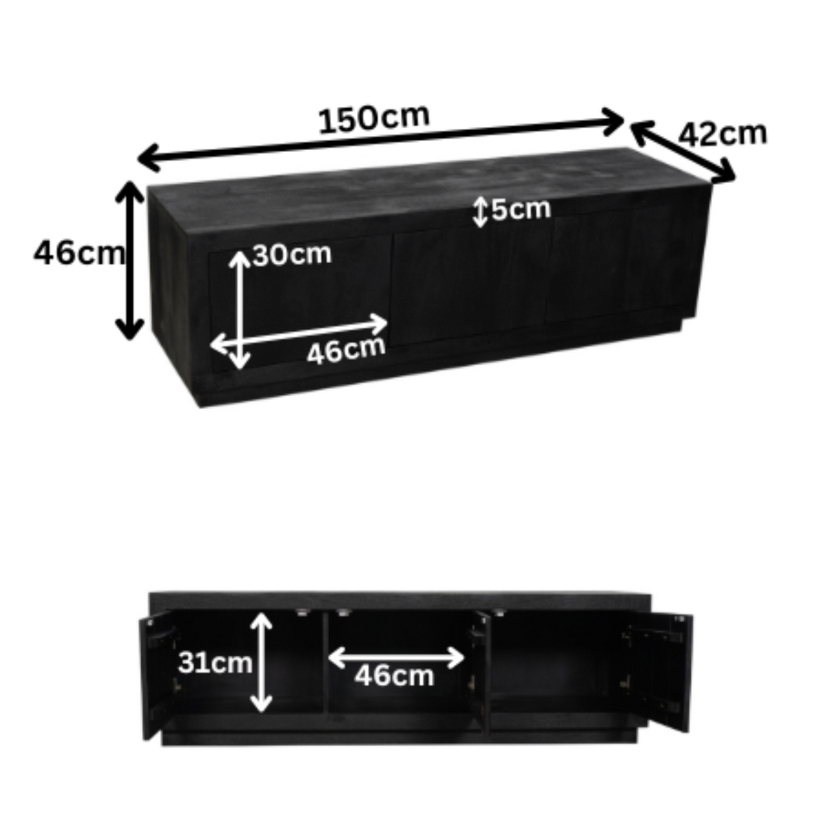 TV-meubel Zwart Mangohout - 150 cm - 4 Greeploze Deuren en Push-to-Open