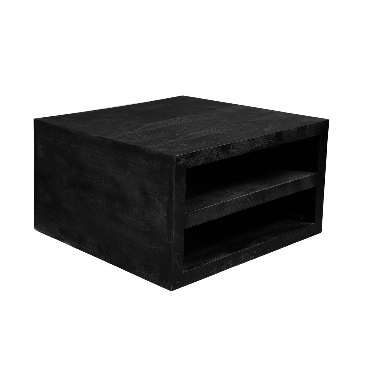 Vierkante Salontafel Zwart Mangohout - 80 cm - Modern Blokdesign met Dubbel Opbergvak