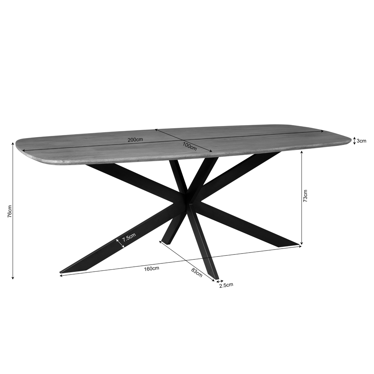Eettafel - Deens-ovaal - Zwart - Mangohout - 200 cm