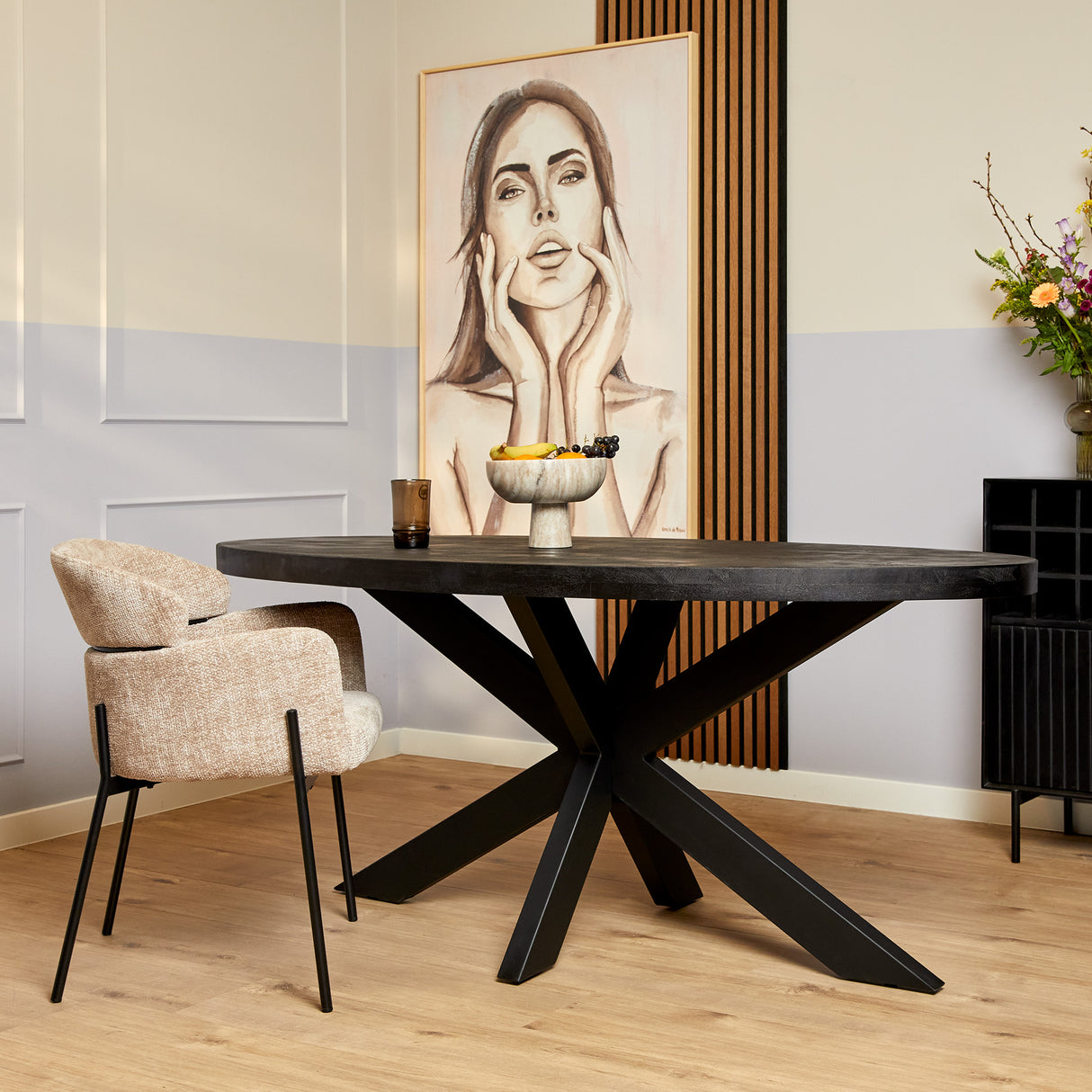 Eettafel - Zwart - Mangohout - Metaal - 160 cm - Ovaal