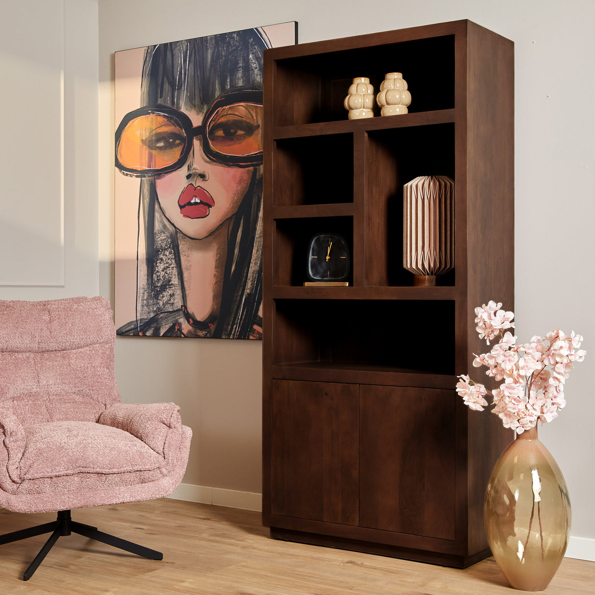Vakkenkast - Bruin Mangohout - 90 cm - Modern Design - 2 Deuren & 5 Open Vakken