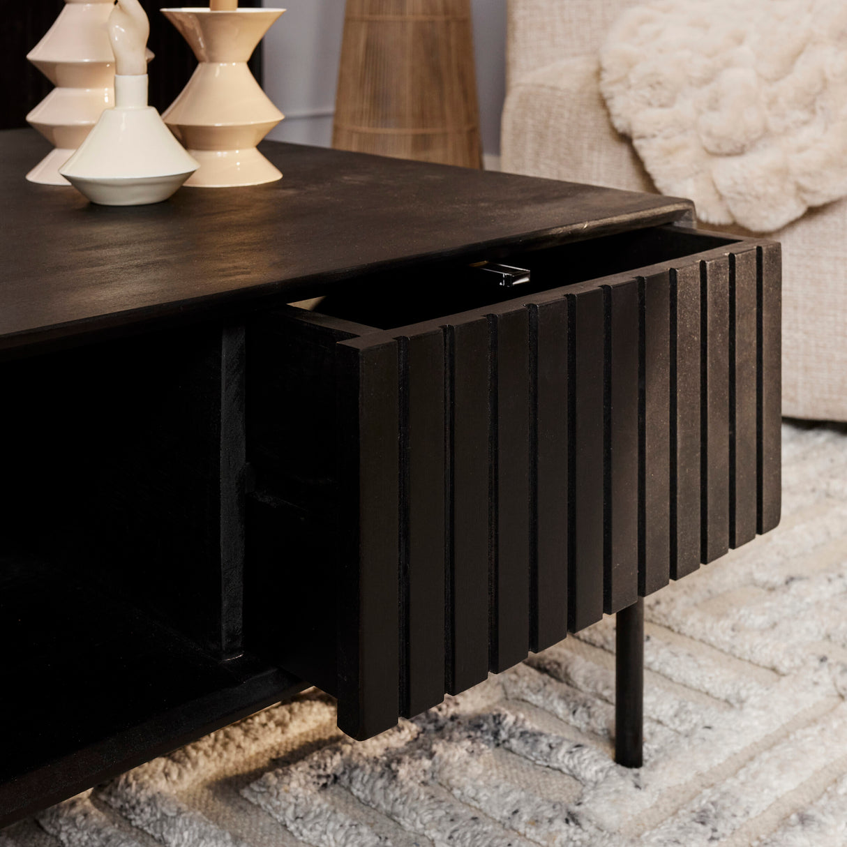 Salontafel - Vierkant - Zwart - Mangohout - 80 cm - 2 Lades - 1 Open Vak
