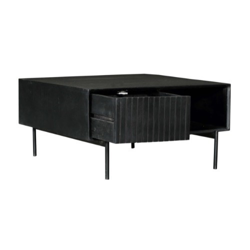 Salontafel - Vierkant - Zwart - Mangohout - 80 cm - 2 Lades - 1 Open Vak
