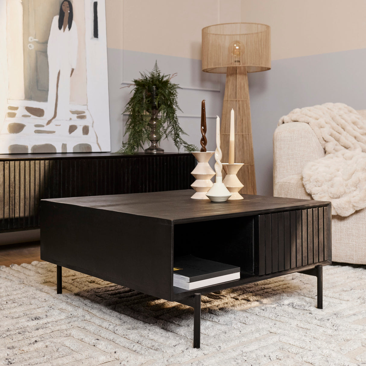 Salontafel - Vierkant - Zwart - Mangohout - 80 cm - 2 Lades - 1 Open Vak