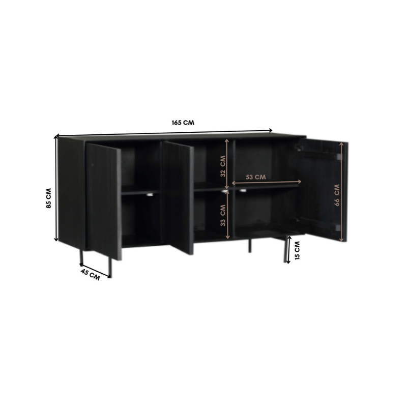 Dressoir - Zwart - Mangohout - 165 cm - 3 Deuren