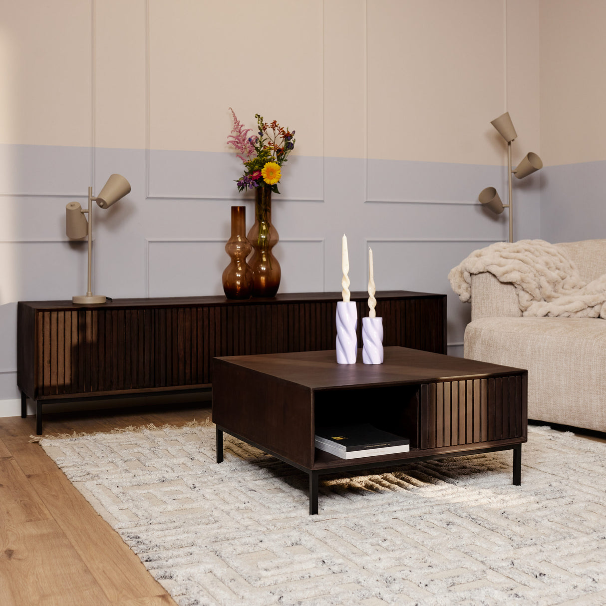 Vierkante Salontafel - Bruin Mangohout - 80 x 80 cm - Lattenpatroon - 2 Lades & Open Vak