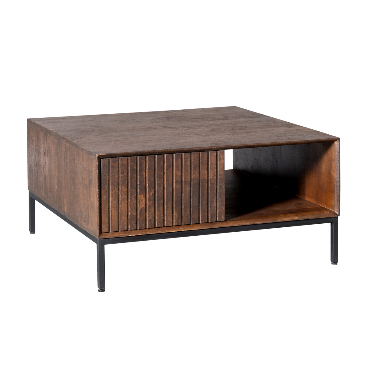 Vierkante Salontafel - Bruin Mangohout - 80 x 80 cm - Lattenpatroon - 2 Lades & Open Vak