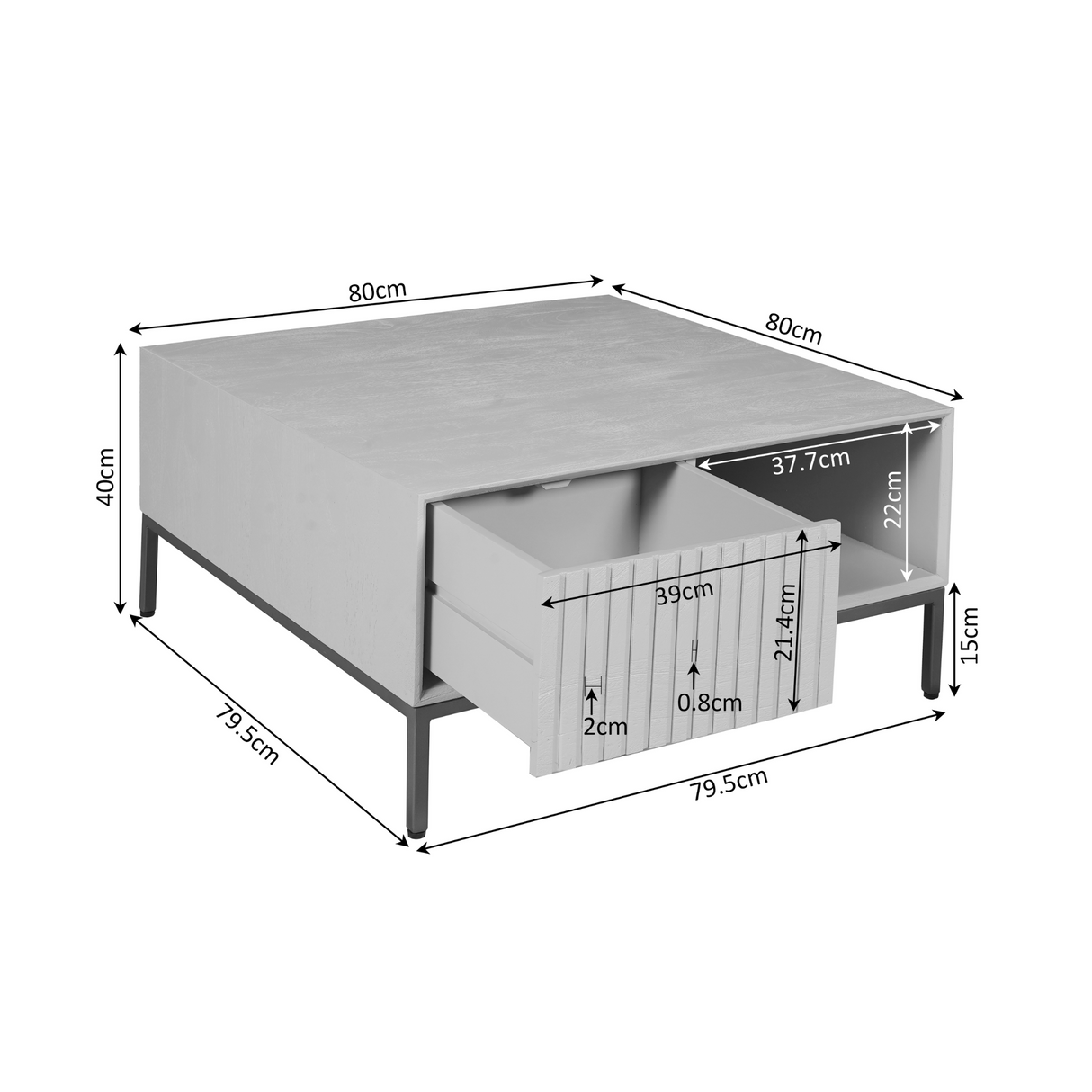 Vierkante Salontafel - Bruin Mangohout - 80 x 80 cm - Lattenpatroon - 2 Lades & Open Vak