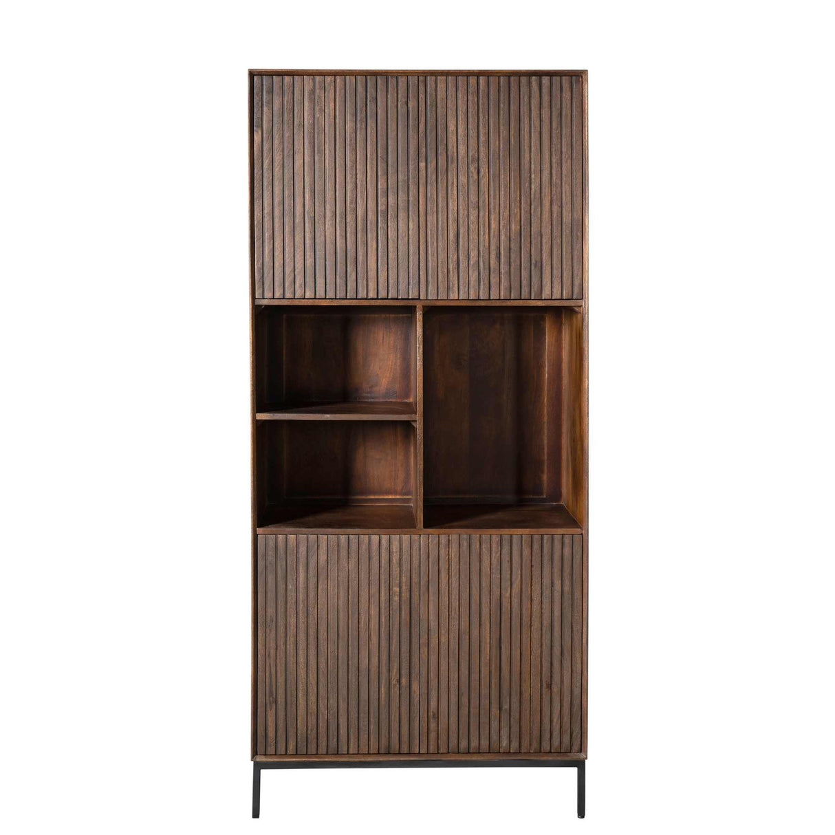 Vakkenkast - Bruin Mangohout - 90 cm - Verticaal Lattenpatroon - 2 Deuren & 3 Open Vakken