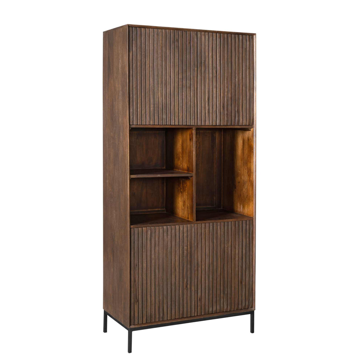 Vakkenkast - Bruin Mangohout - 90 cm - Verticaal Lattenpatroon - 2 Deuren & 3 Open Vakken