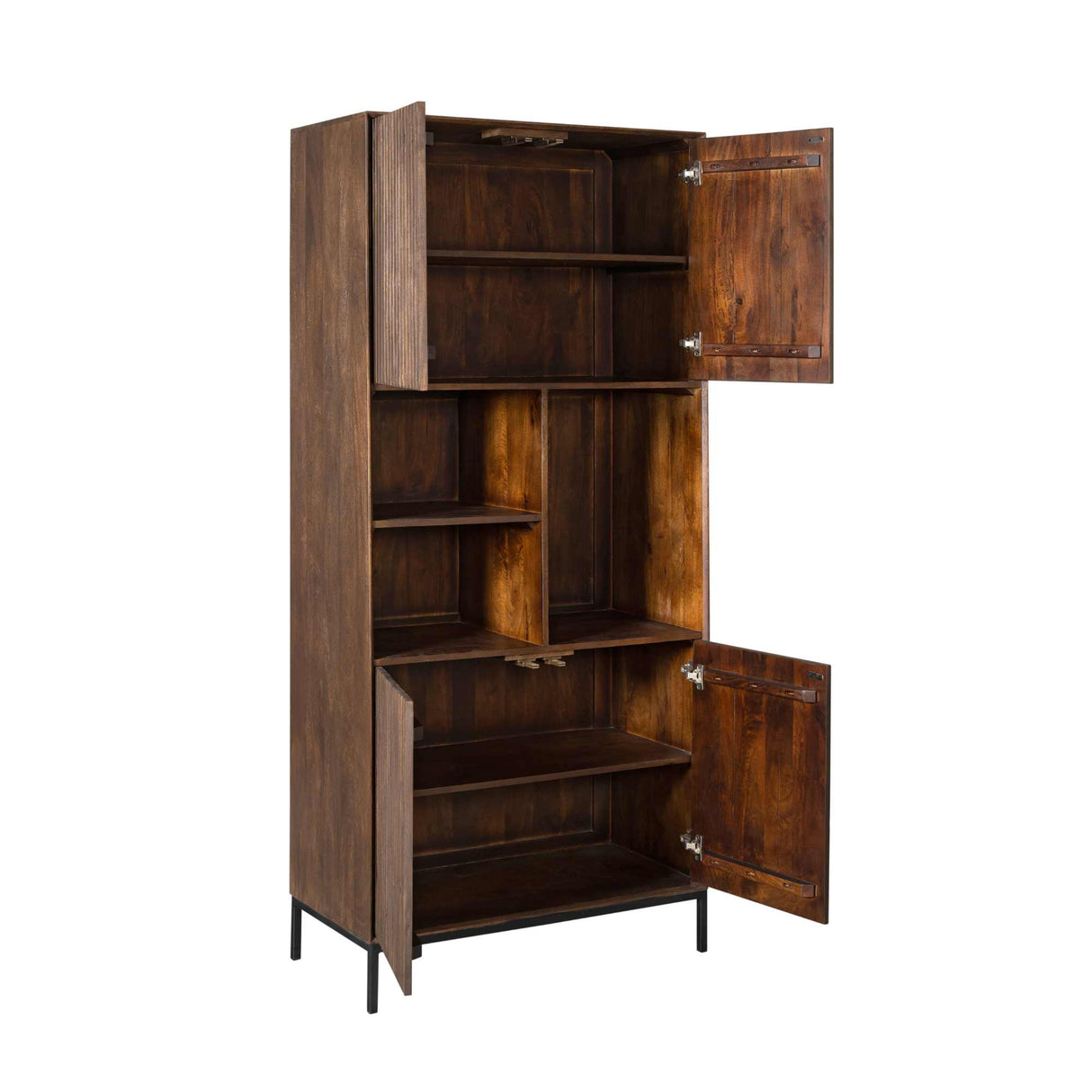 Vakkenkast - Bruin Mangohout - 90 cm - Verticaal Lattenpatroon - 2 Deuren & 3 Open Vakken