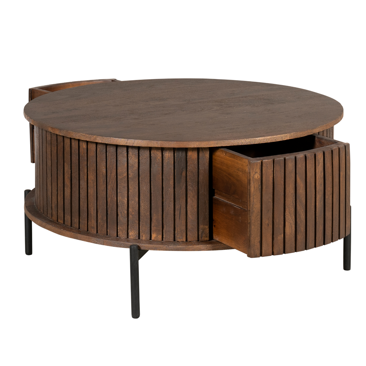 Ronde Salontafel - Bruin Mangohout - 80 cm - Verticaal Lattenpatroon - 2 Lades