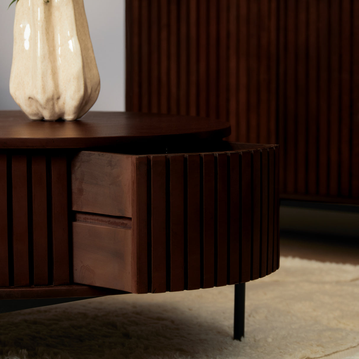 Ronde Salontafel - Bruin Mangohout - 80 cm - Verticaal Lattenpatroon - 2 Lades