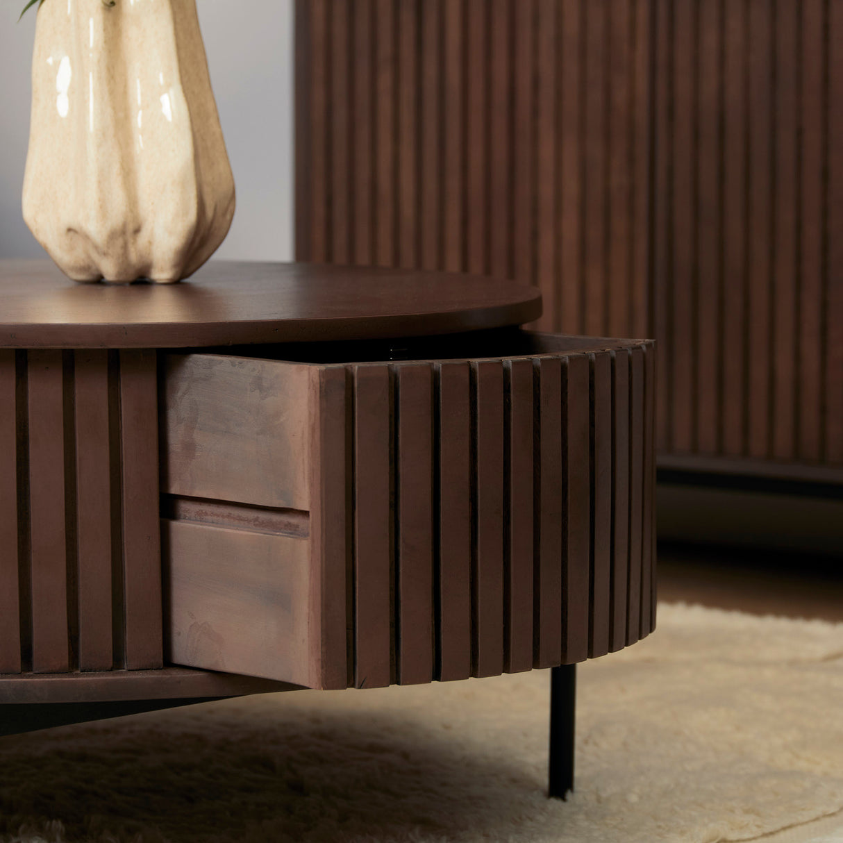 Ronde Salontafel - Bruin Mangohout - 80 cm - Verticaal Lattenpatroon - 2 Lades
