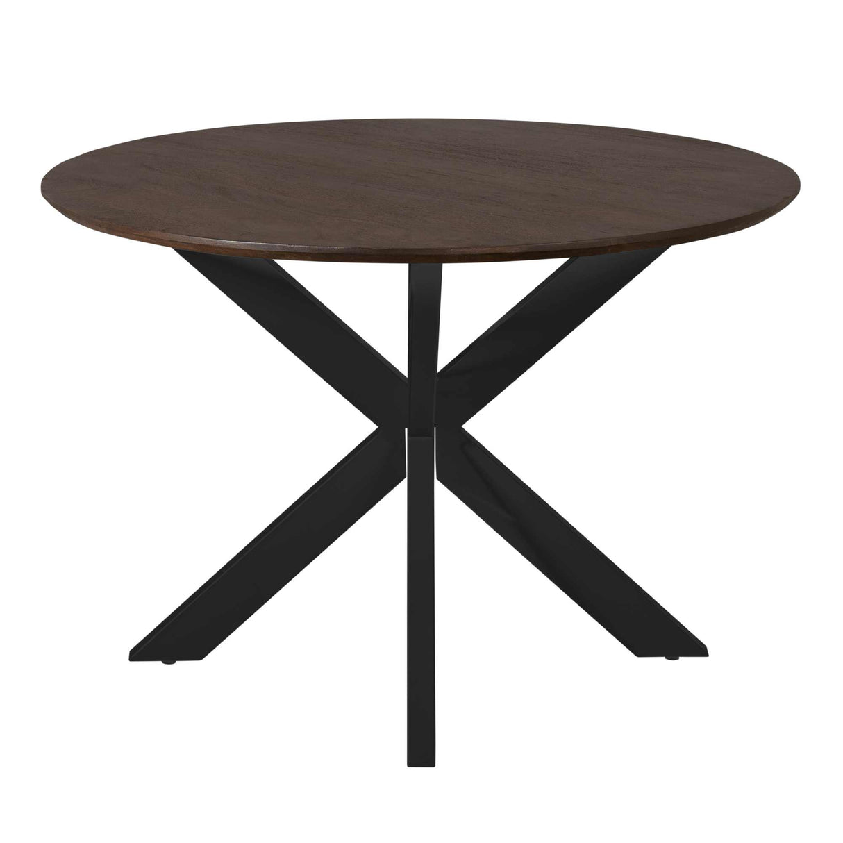 Ronde Eettafel - Bruin Mangohout - 110 cm - Zwarte Metalen Spiderpoot