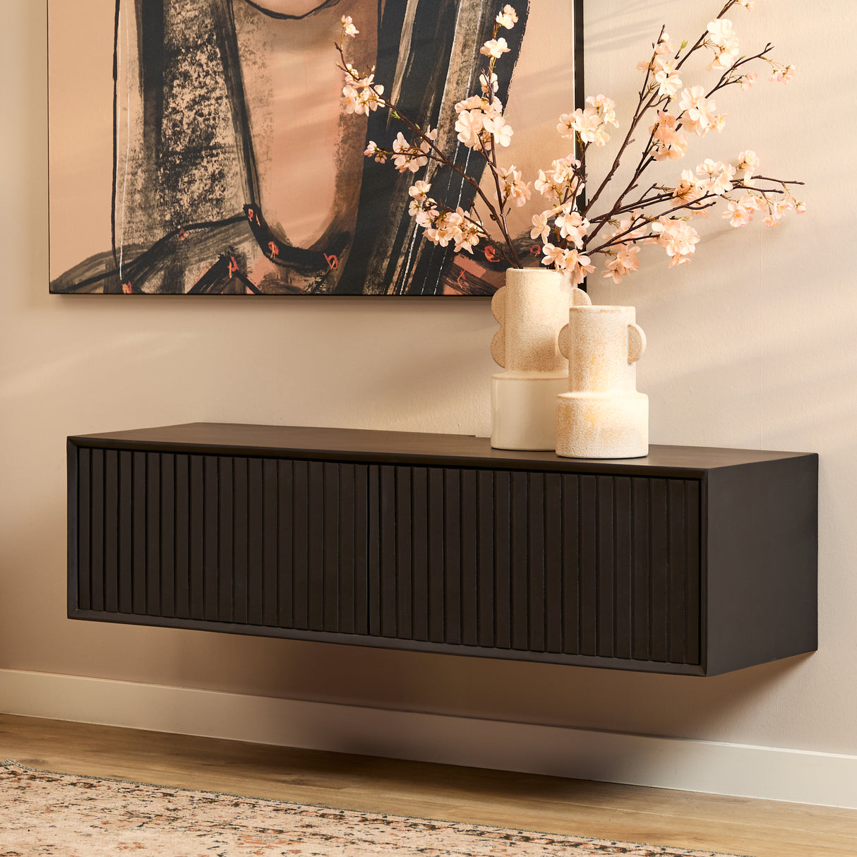 Zwevend Tv-meubel Zwart Mangohout - 120 cm - Lattenpatroon
