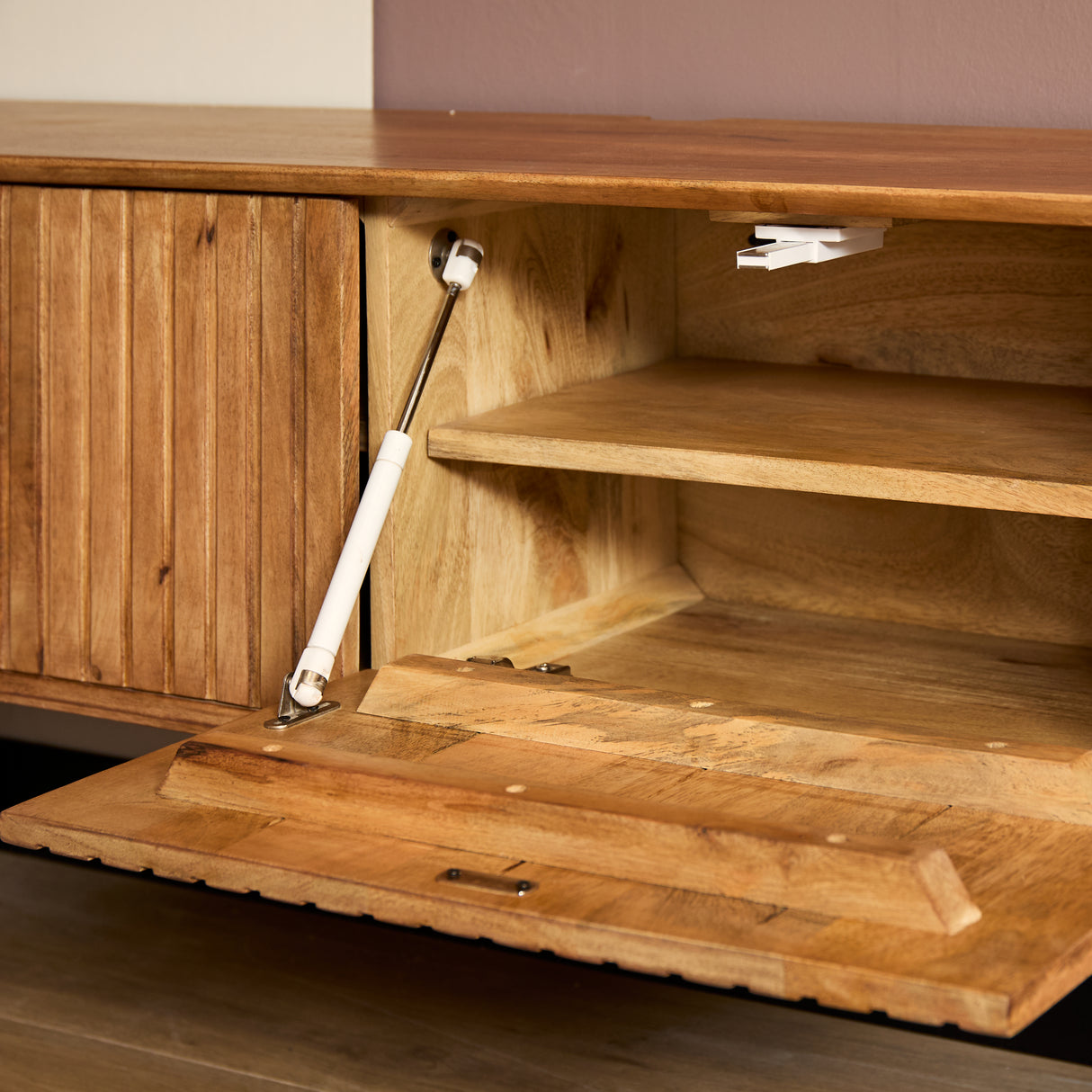 Zwevend Tv-meubel Naturel Mangohout - 280 cm - Lattenpatroon