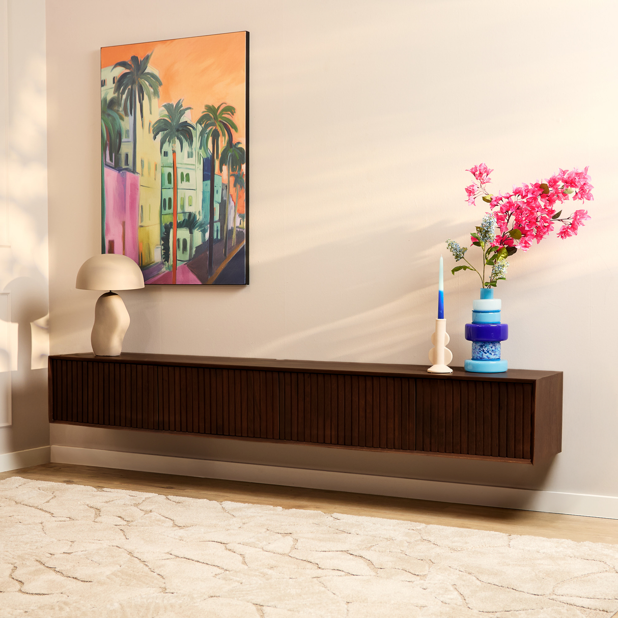 Zwevend TV-meubel - Bruin Mangohout - 200 cm - Lattenstructuur