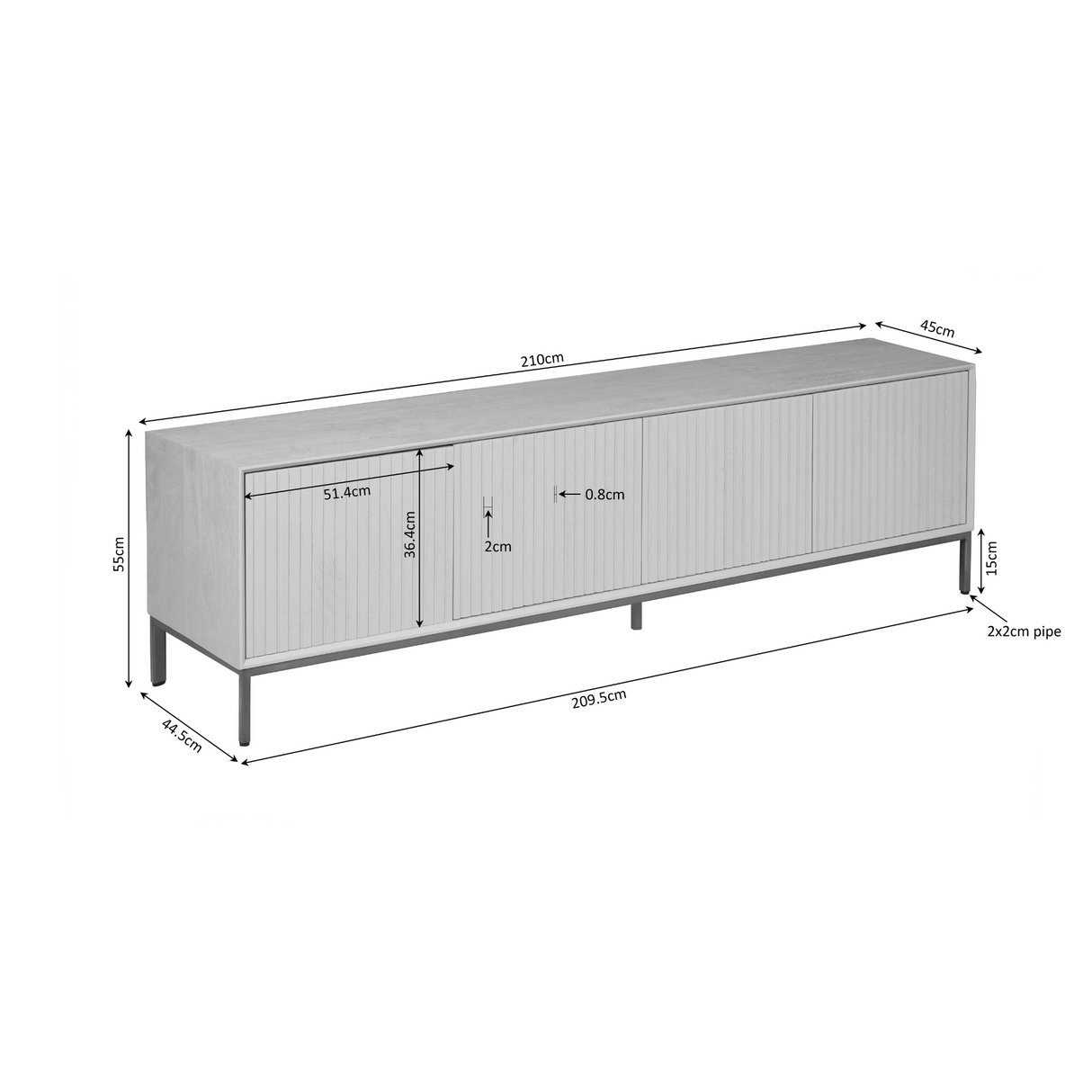 Tv-meubel - Naturel Mangohout - 210 cm - Verticaal Lattenpatroon