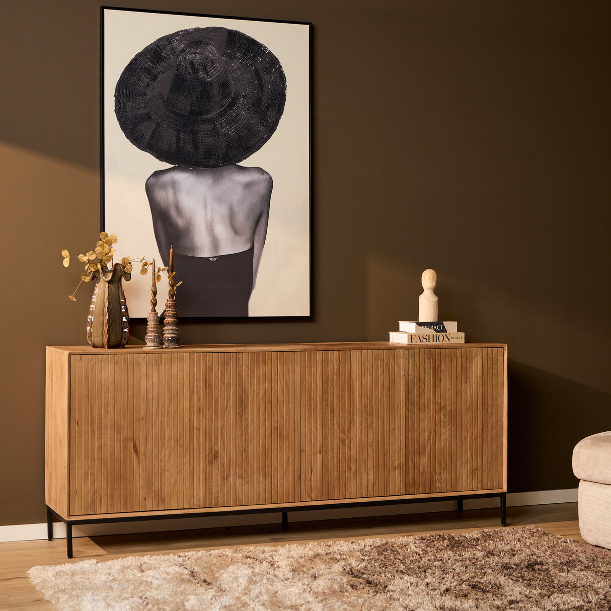 Dressoir - Naturel Mangohout - 210 cm - Verticaal Lattenpatroon