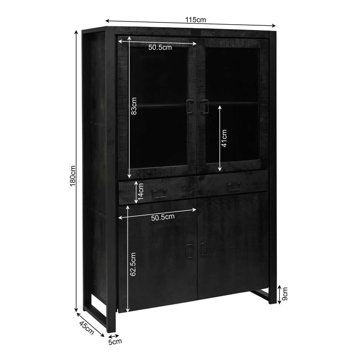 Vitrinekast - Zwart - Mangohout - 115 cm