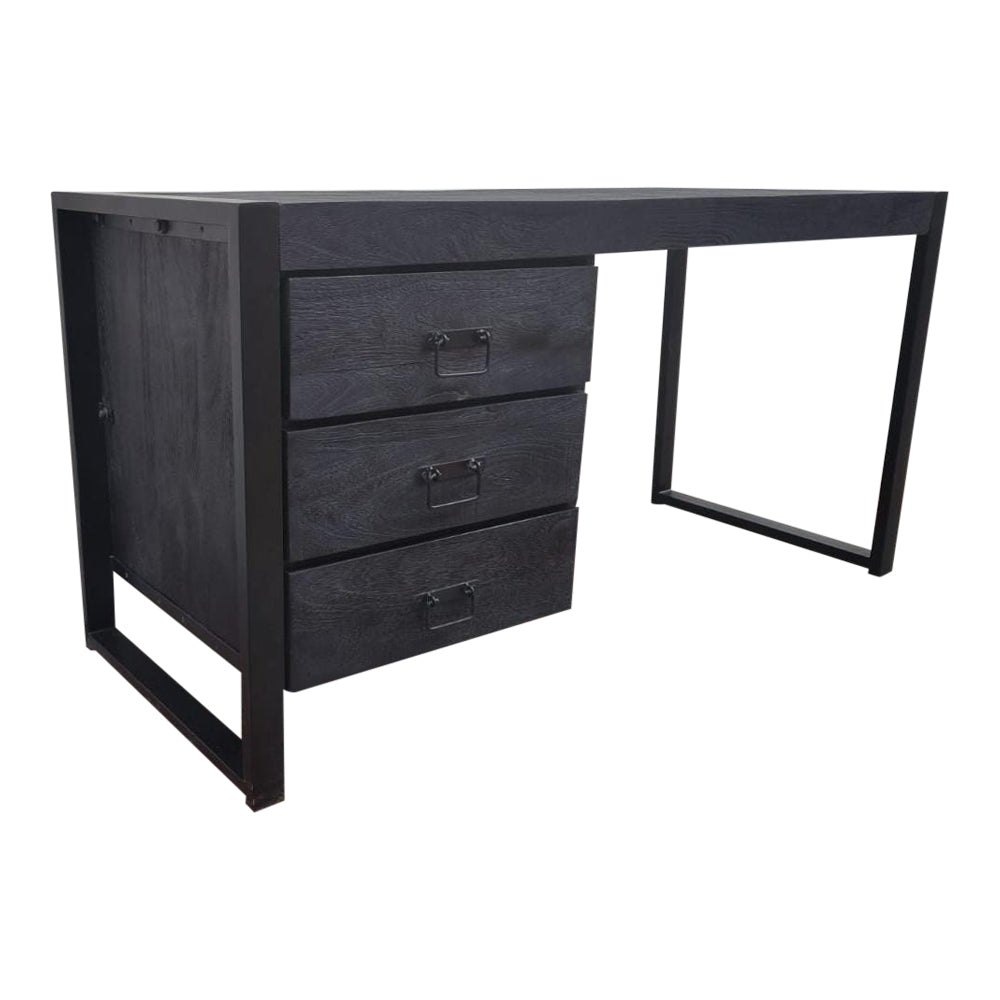 Bureau - Zwart - Mangohout - Metaal - 145 cm - 3 lades