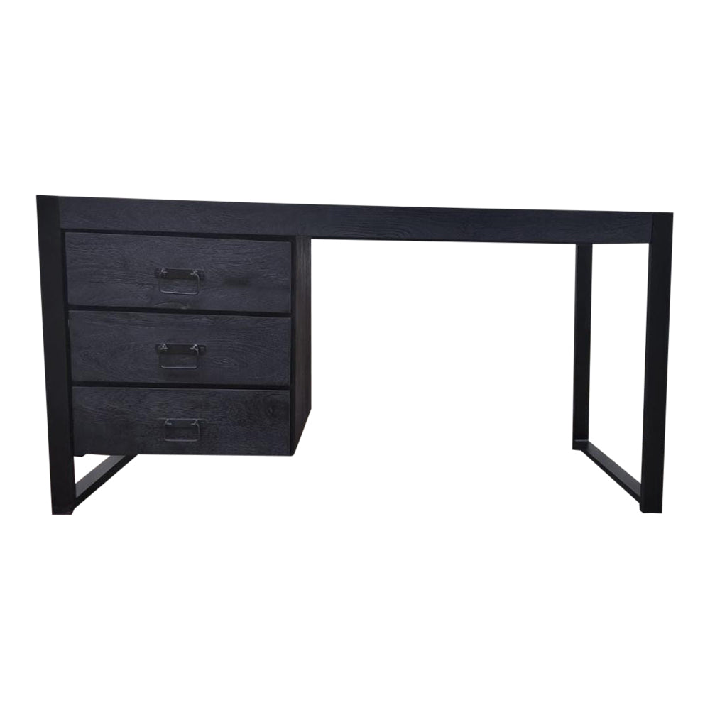 Bureau - Zwart - Mangohout - Metaal - 145 cm - 3 lades