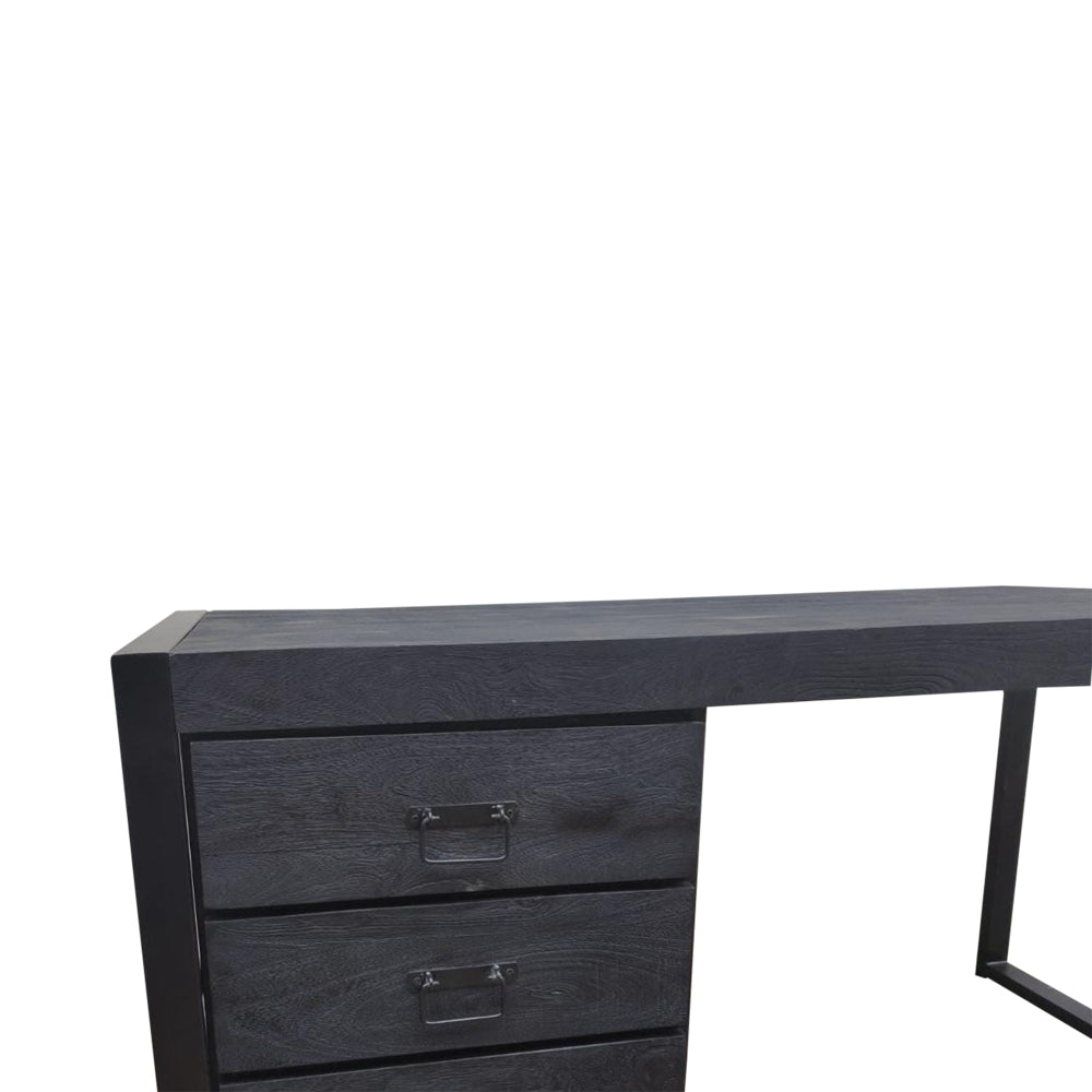 Bureau - Zwart - Mangohout - Metaal - 145 cm - 3 lades