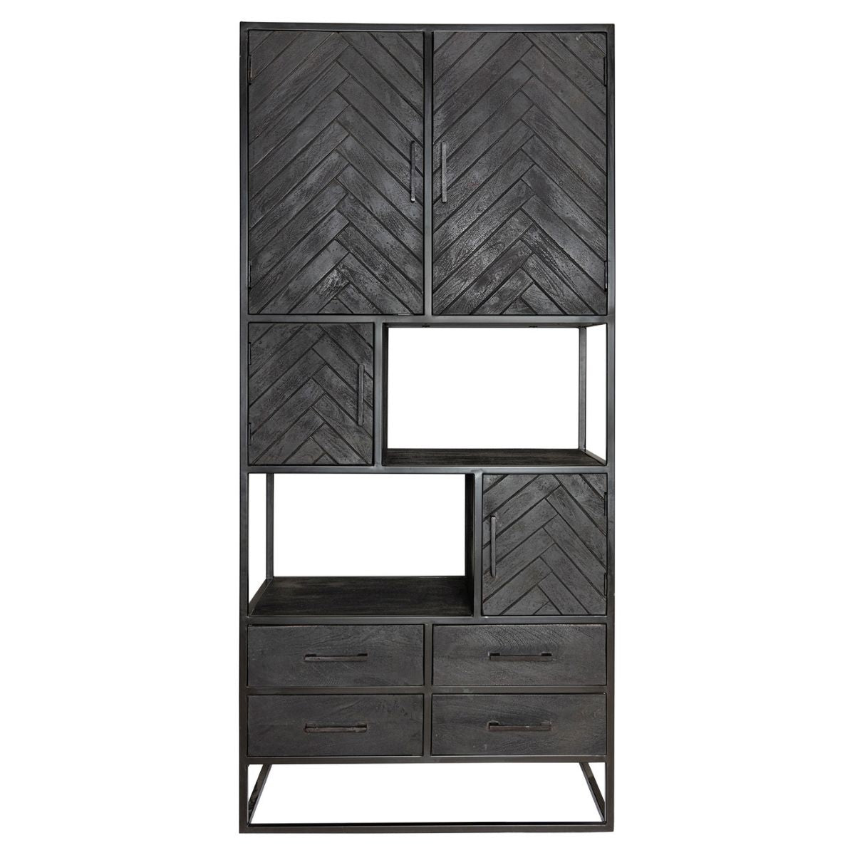 Vakkenkast - Zwart Mangohout - Visgraat Design - 90x200 cm