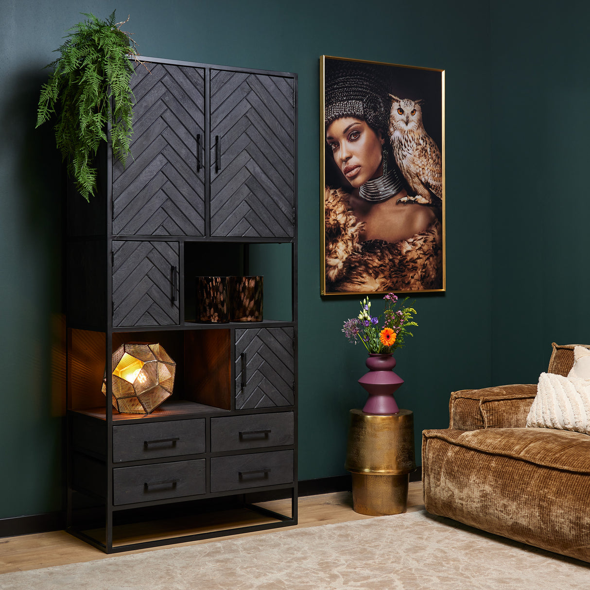 Vakkenkast - Zwart Mangohout - Visgraat Design - 90x200 cm