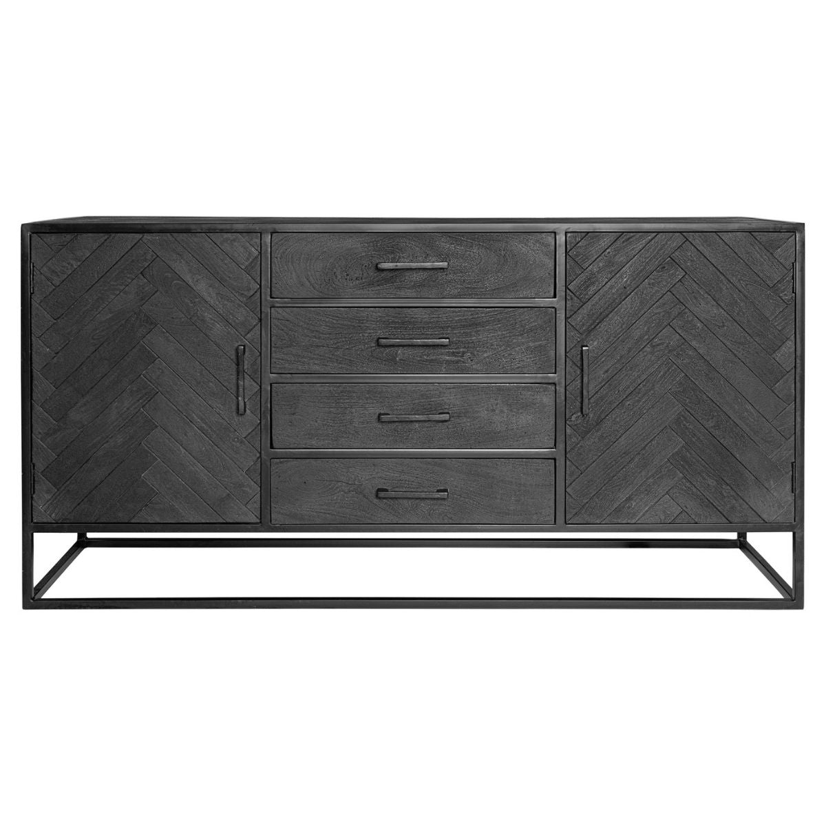 Dressoir - Zwart Mangohout met Visgraat - 165x45 cm - 2 Deuren & 4 Laden