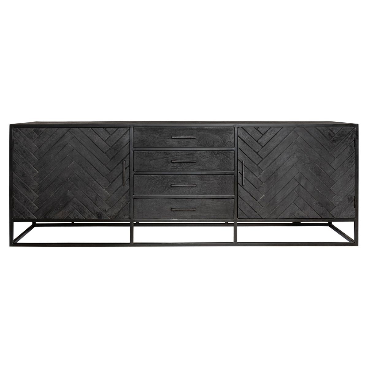 Dressoir - Zwart Mangohout met Visgraat - 210x45 cm - 2 Deuren & 4 Laden