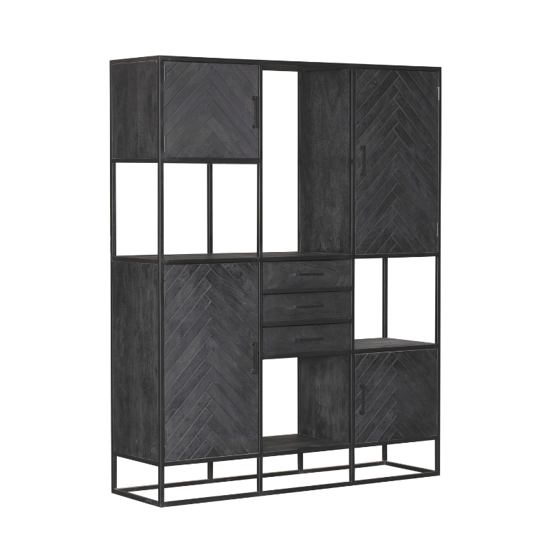 Vakkenkast XXL Zwart Mangohout - 200 cm Hoog - Visgraat Design en Metaal