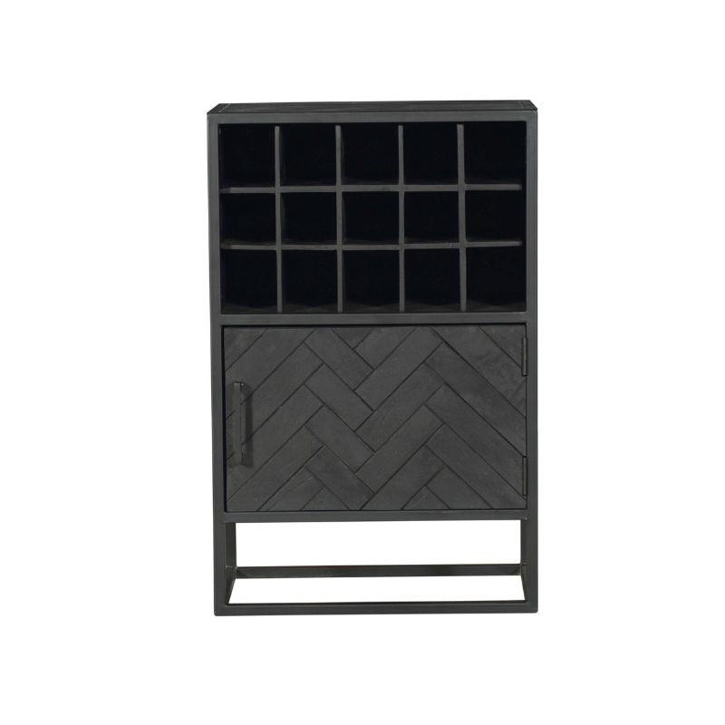 Wijnkast Zwart Mangohout - 55 cm - Visgraat Design - 15 Flessenvakken