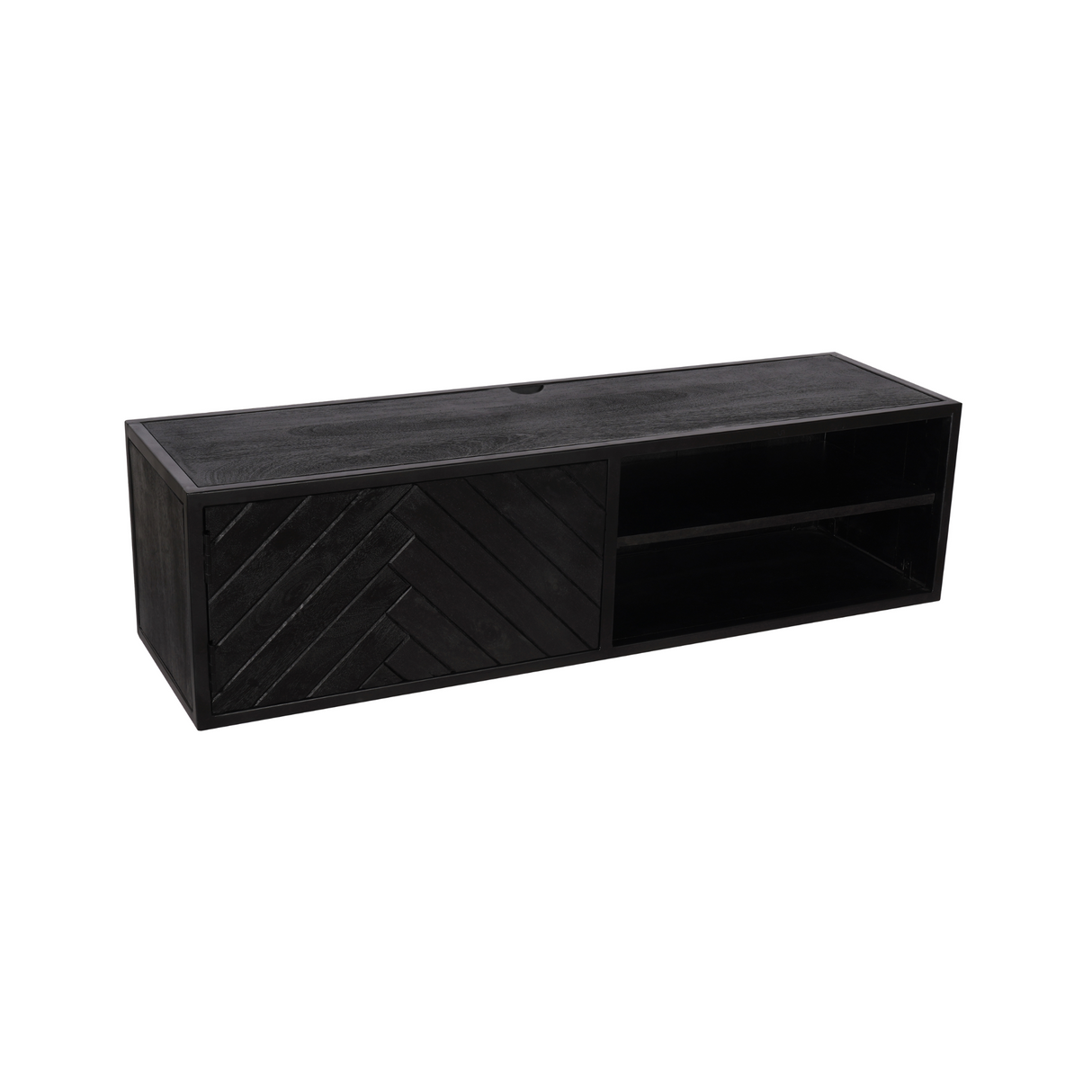 Zwevend TV-meubel Zwart Mangohout - 120 cm - Visgraatpatroon met Open Vakken