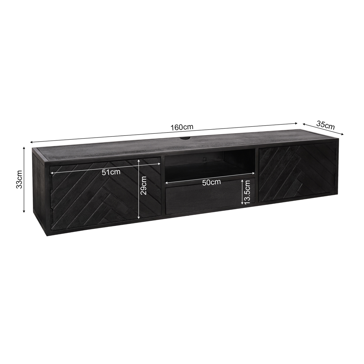 Zwevend TV-meubel Zwart Mangohout - 160 cm - Visgraatpatroon met Open Vak