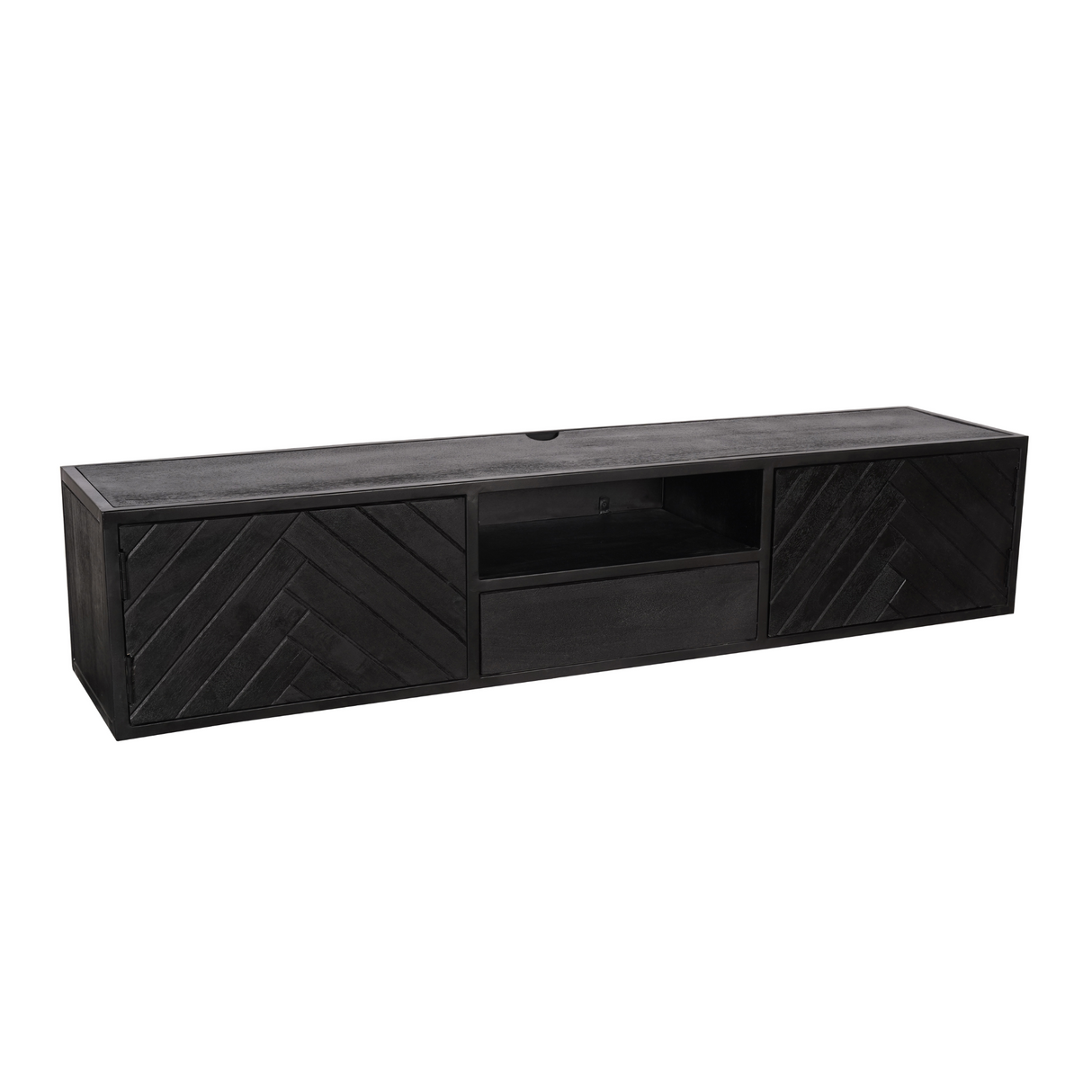 Zwevend TV-meubel Zwart Mangohout - 160 cm - Visgraatpatroon met Open Vak