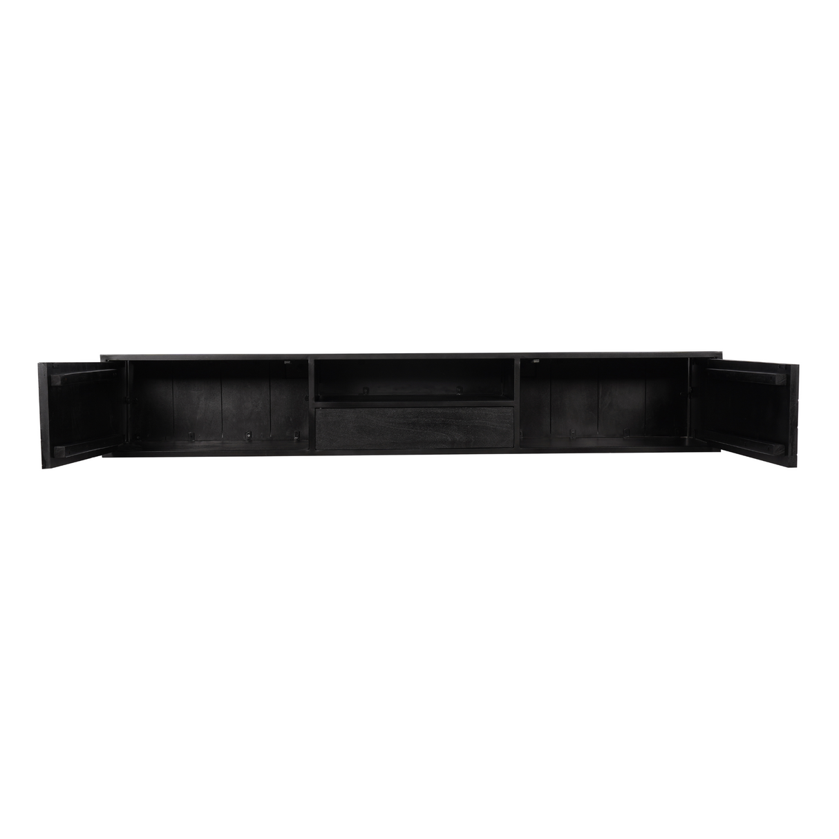 Zwevend TV-meubel Zwart Mangohout - 200 cm - Visgraatpatroon met Open Vak