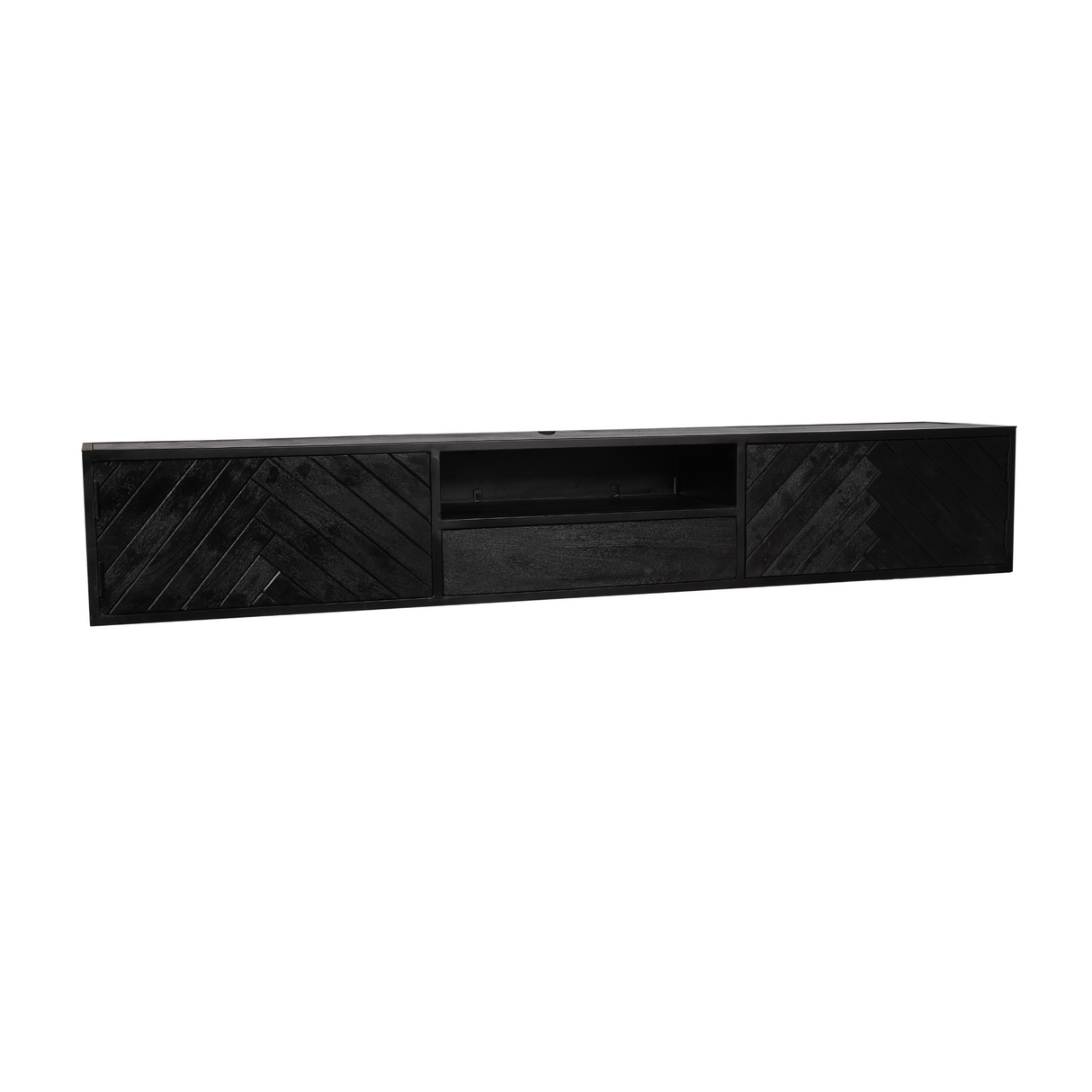 Zwevend TV-meubel Zwart Mangohout - 200 cm - Visgraatpatroon met Open Vak