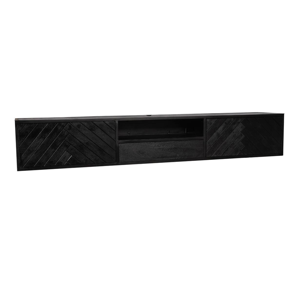 Zwevend TV-meubel Zwart Mangohout - 240 cm - Visgraatpatroon met Open Vak