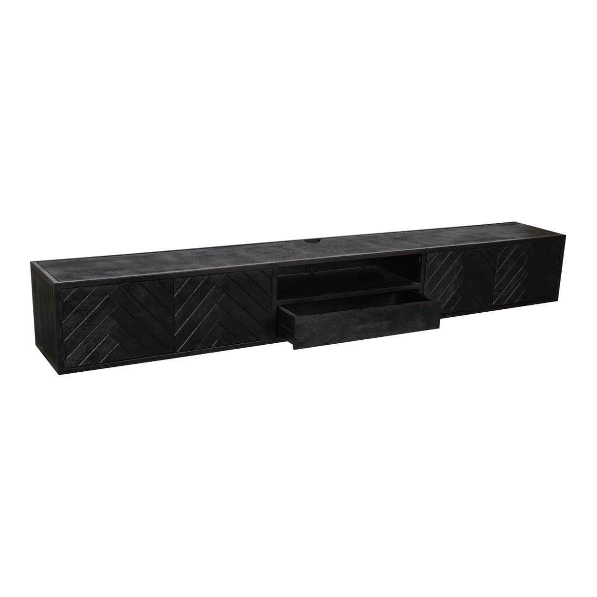 Zwevend TV-meubel Zwart Mangohout - 280 cm - Visgraatpatroon met Open Vak