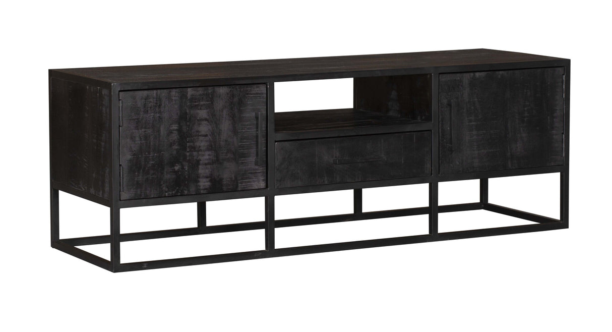 Tv-meubel - Zwart - Mangohout - 145 cm - 2 Deuren - 1 Lade