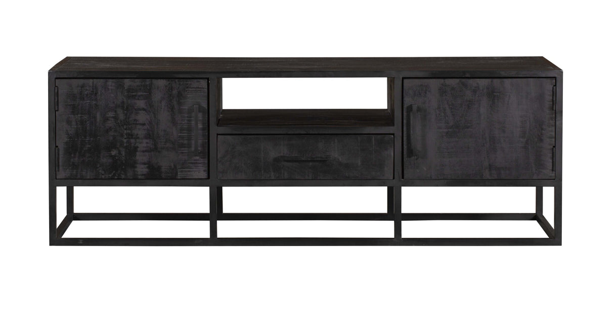 Tv-meubel - Zwart - Mangohout - 145 cm - 2 Deuren - 1 Lade
