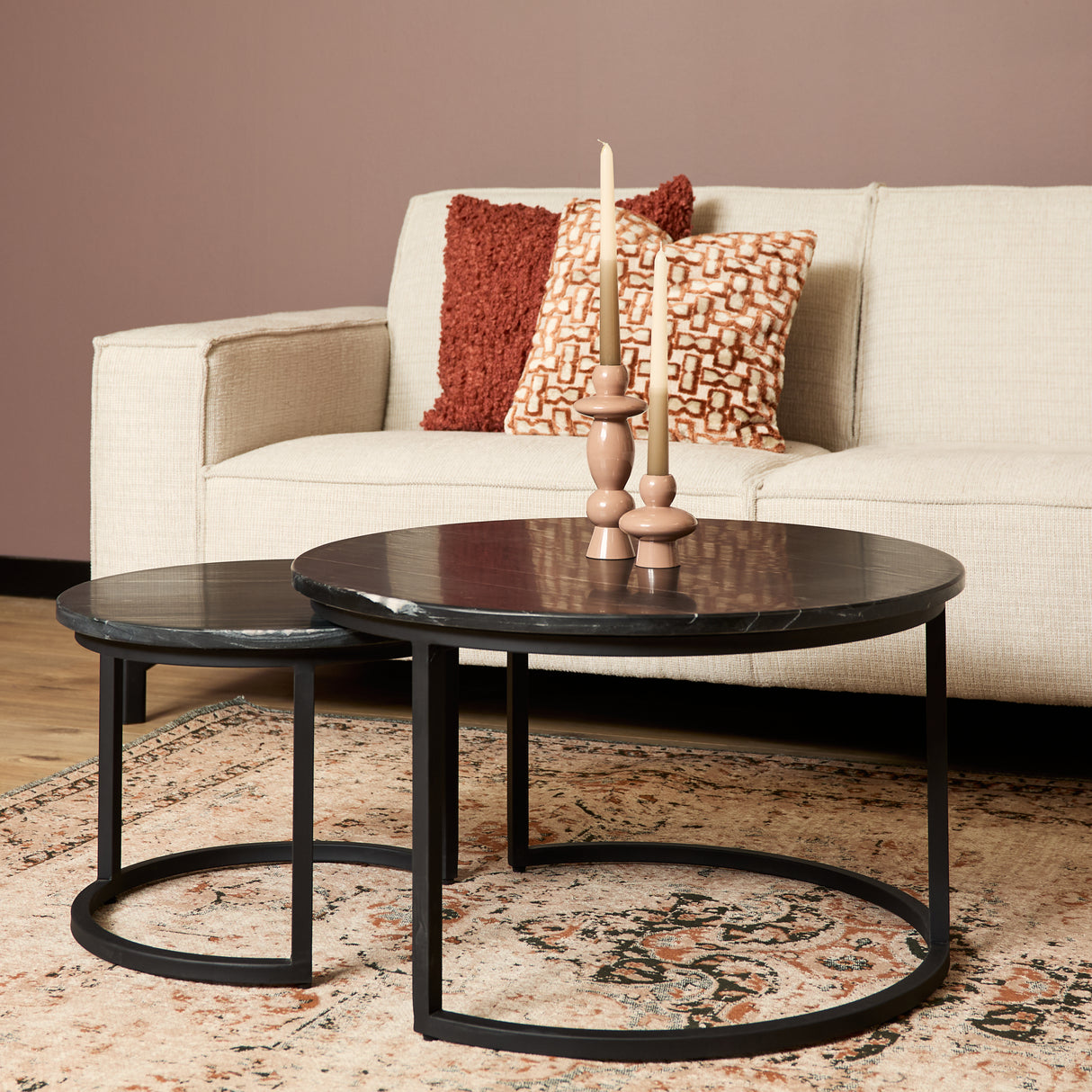 Salontafel set - Zwart - Marmer - Metaal - 70 cm - Rond