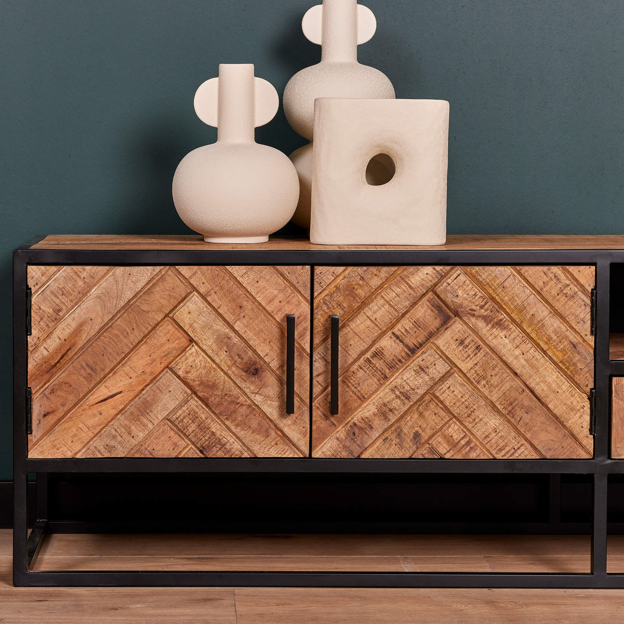 Tv-meubel - Naturel - Mangohout - 240 cm - Visgraat - 2 Deuren - 1 Lade