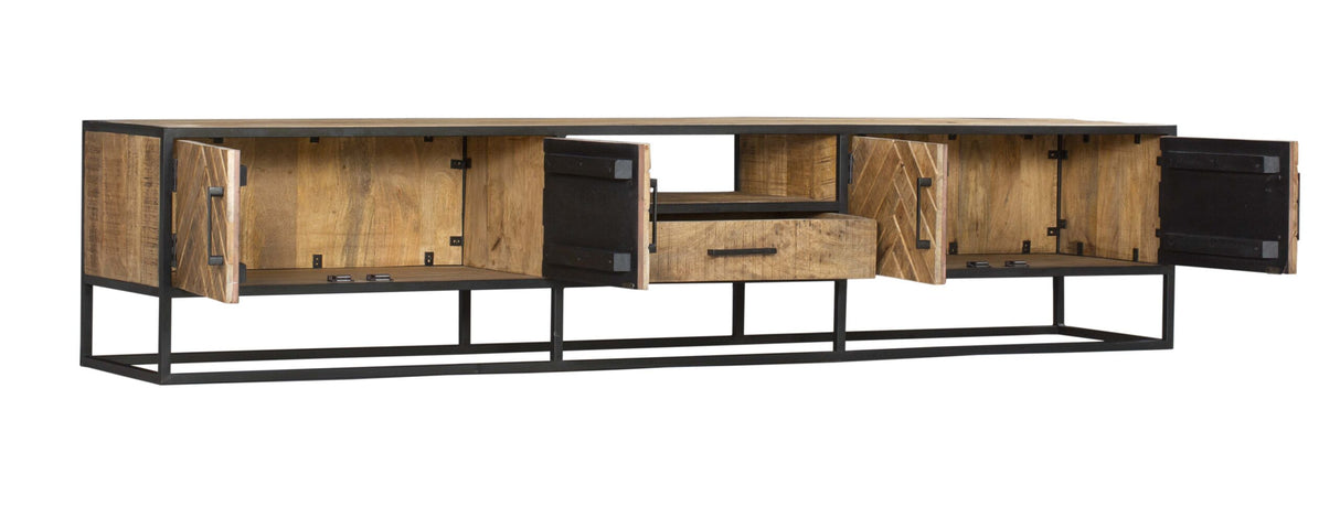Tv-meubel - Naturel - Mangohout - 240 cm - Visgraat - 2 Deuren - 1 Lade