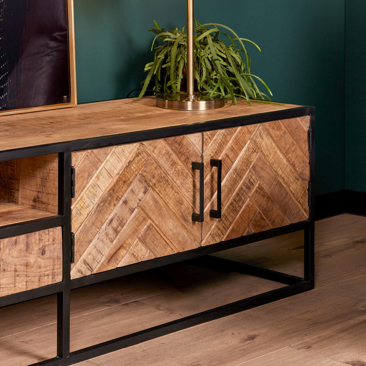 Tv-meubel - Naturel - Mangohout - 240 cm - Visgraat - 2 Deuren - 1 Lade