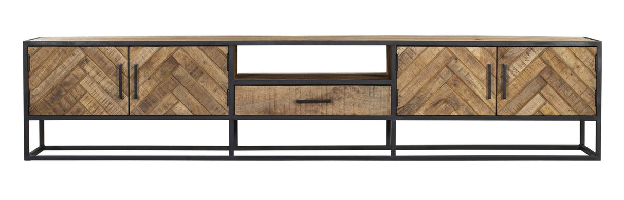 Tv-meubel - Naturel - Mangohout - 240 cm - Visgraat - 2 Deuren - 1 Lade